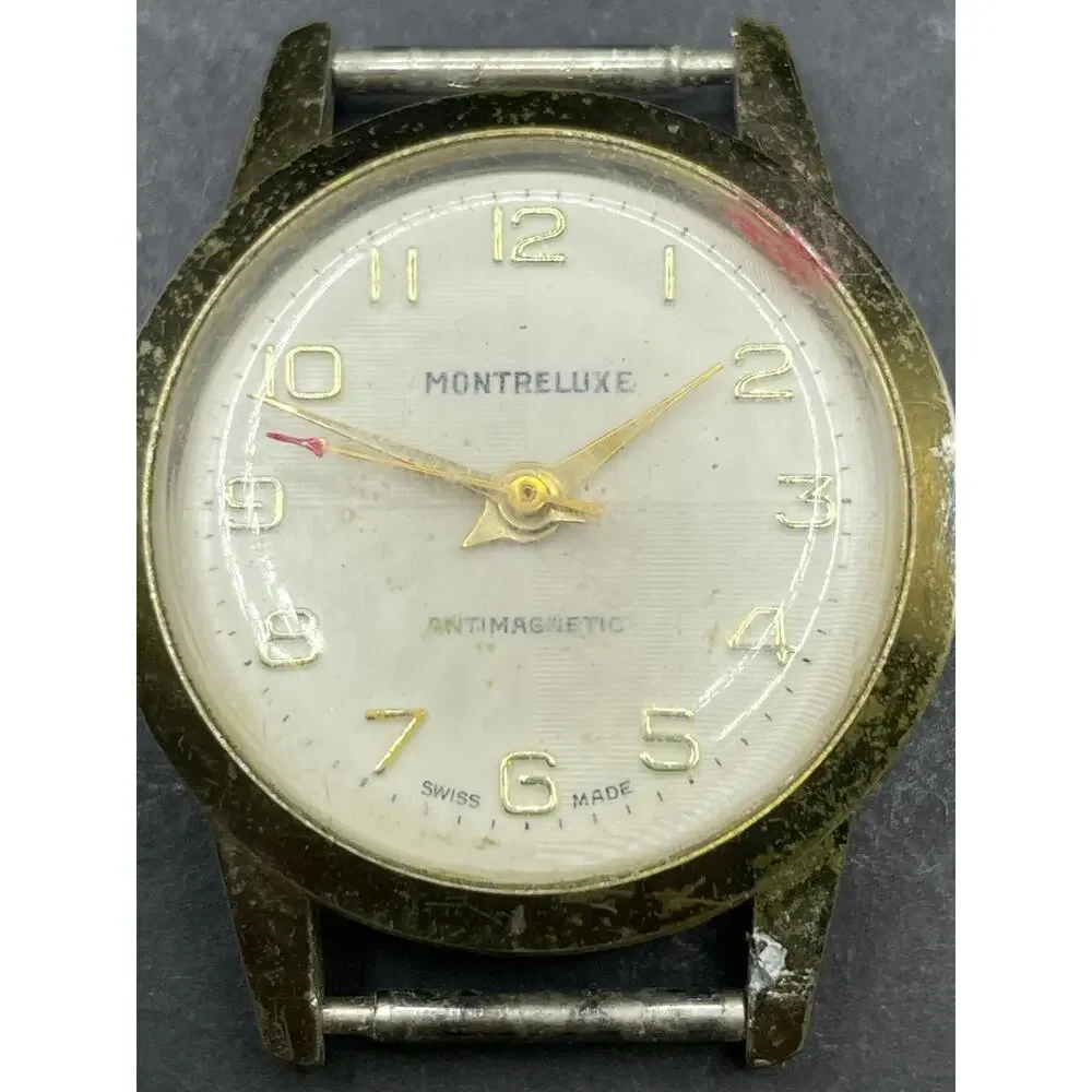 Vintage Montreluxe Antimagnetic Swiss Made Watch Diamond Tooled 30MM Gold Tone